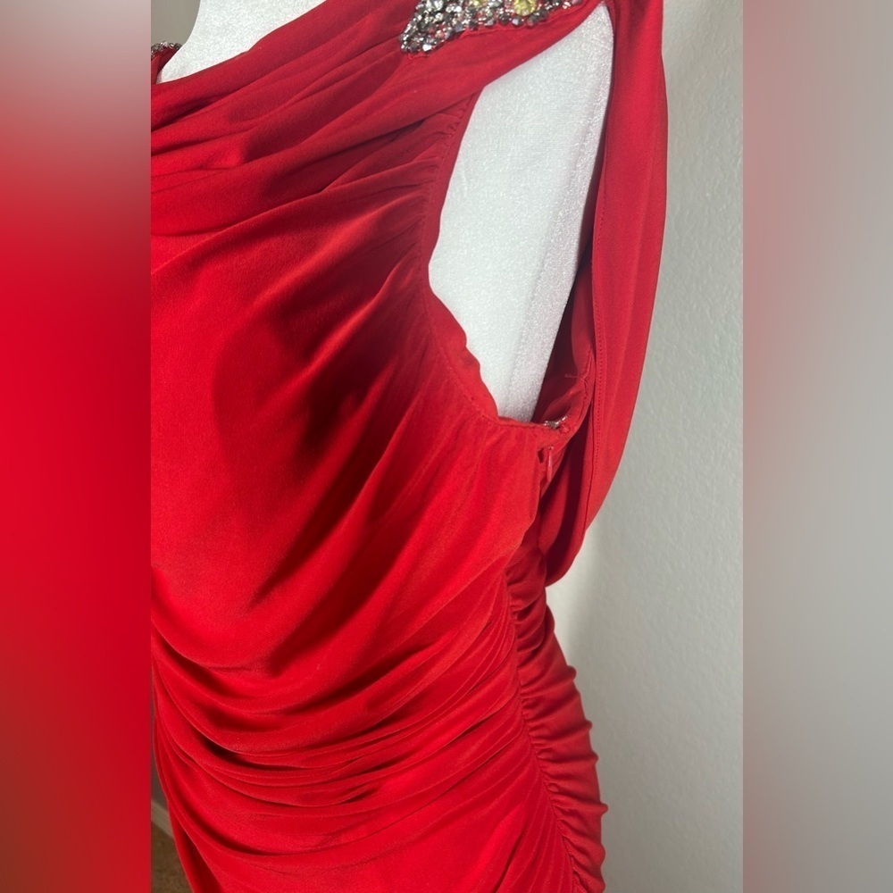 JS Boutique Red Rhinestone Embellished Ruched Cocktail Holiday Dress Size 12 - Picture 5 of 15